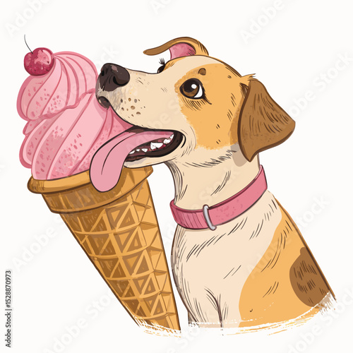 A joyful mutt dog enthusiastically licking a colossal strawberry ice cream cone, summertime fun.