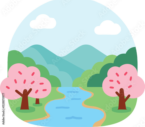 Lush Green Hills and Serene River Landscape with Blue Sky