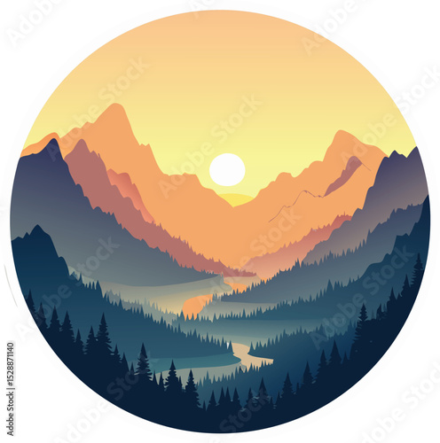 Warm Sunset Over Mountain and Forest Landscape