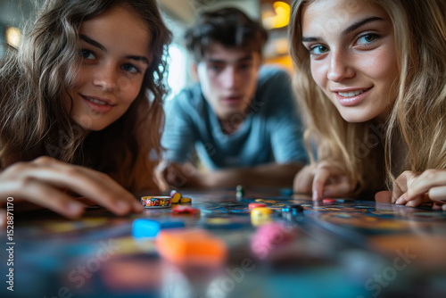 Close-up of a group of friends playing board games at home