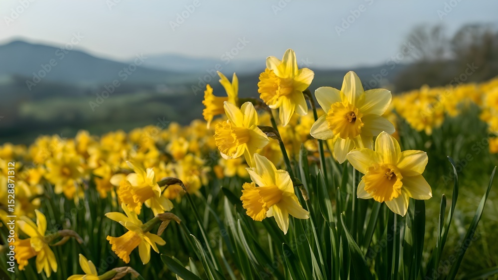 Obraz premium A blooming field of yellow daffodils in spring with mountains in the background