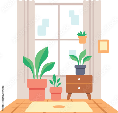 Bright Bedroom Corner with Dresser and Potted Plants