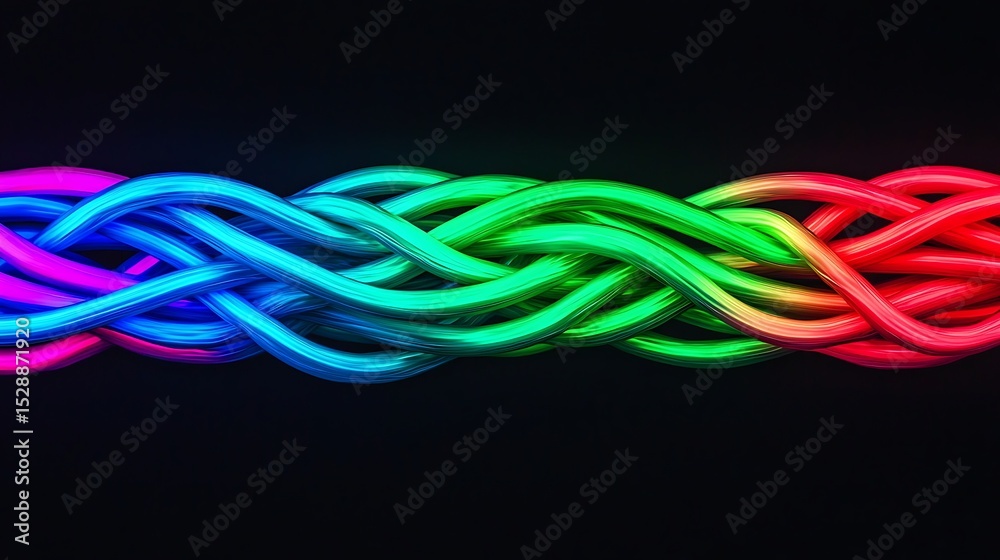 A vibrant, intertwined braid of glowing neon cables in a spectrum of colors on a black background. A vibrant, intertwined braid of glowing neon cables in a spectrum of colors on a black background.