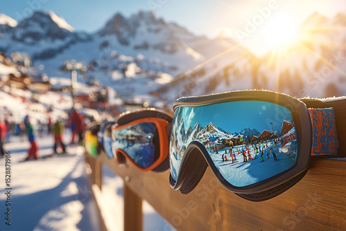 Close-Up of Ski Goggles on Wooden Fence at Sunny Mountain Resort

