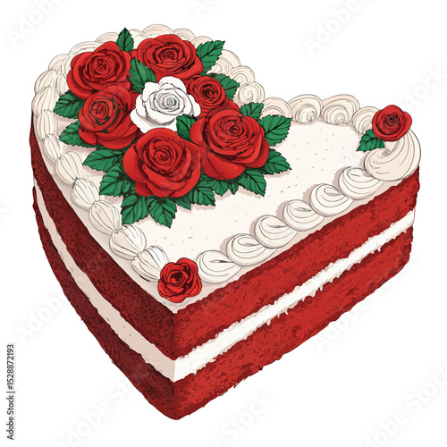 Create a stunning image of a heart-shaped red velvet cake, exquisitely decorated with delicate sugar roses and fresh red roses.