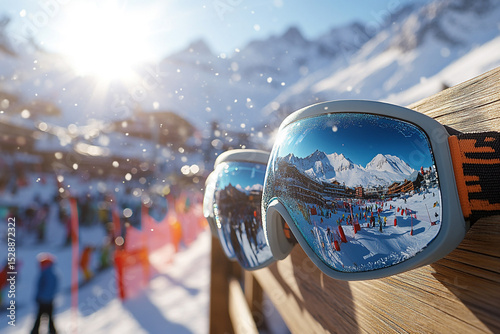 Close-up of several ski goggles hanging on a wooden fence in a bustling ski resort, with a panoramic view of snowy peaks and bright sunlight in the background, creating a cheerful winter scene.