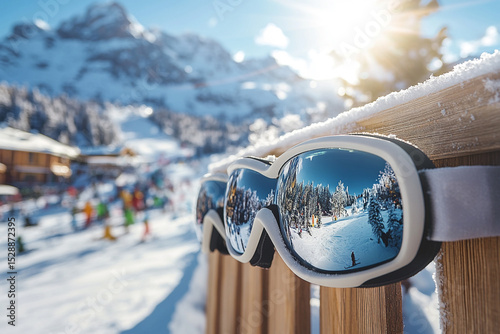 Cheerful Winter Scene with Ski Goggles and Sunlit Alpine Panorama

