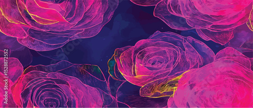 Neon roses, black pink, painted abstract vector flowers opaque and translucent overlapping neon colors hypnagogic maximalism flat shading simplified painting background pattern backdrop 