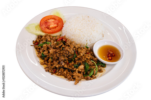 Stir-fried minced pork with holy basil, Thai food style