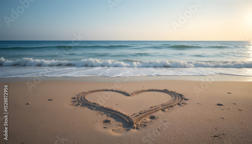 Heart on the Shore: A heart symbol etched into the sun-kissed sand on a beach, with the serene ocean waves gently lapping at the shoreline in the distance. A metaphor for love and peace.
