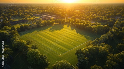 Aerial View of Lush Green Sports Field During Golden Sunset Light