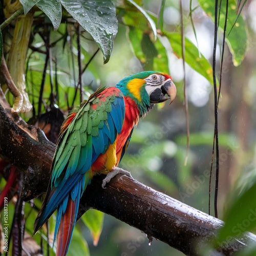 Colorful Macaw Parrot Perched on a Branch in Tropical Jungle Setting


