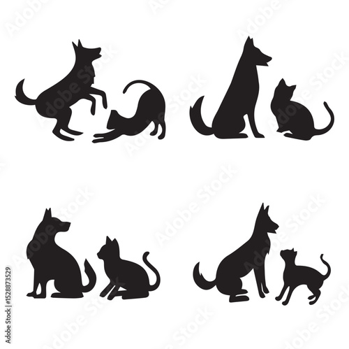  Flat design dog and cat silhouette set