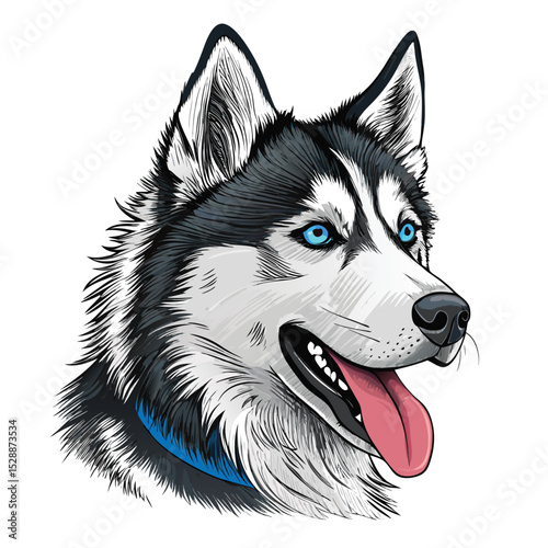 A playful Siberian Husky with striking blue eyes, its tongue hanging out, panting happily.  High-resolution, detailed fur.