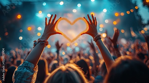 A woman creating a heart with sparkling light amidst a cheering crowd spreading love at a lively music festival with