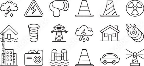 Disaster Emergency Icons Solid Black Fire Flood Earthquake Safety Warning Set