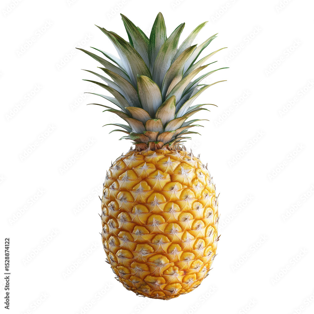 Fototapeta premium Fresh pineapple on a transparent background with vibrant green leaves and yellow texture, pineapple isolated on transparent