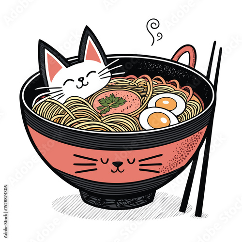 A whimsical ramen bowl shaped like a cute cat, complete with upright ears and a wide, smiling mouth, filled with steaming broth and noodles.