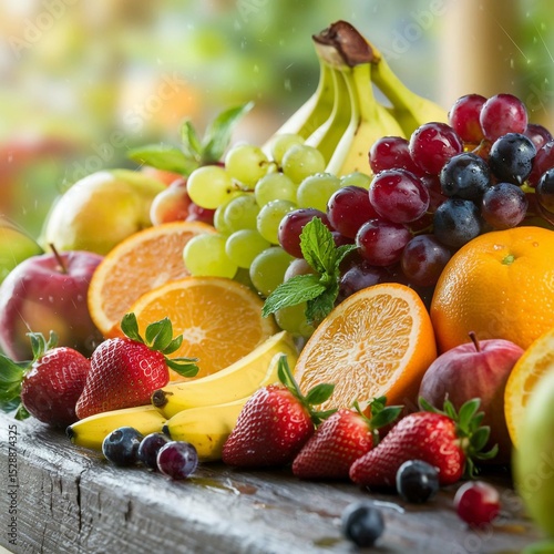 Assorted Fresh Fruits and Berries on a Rustic Wooden Table