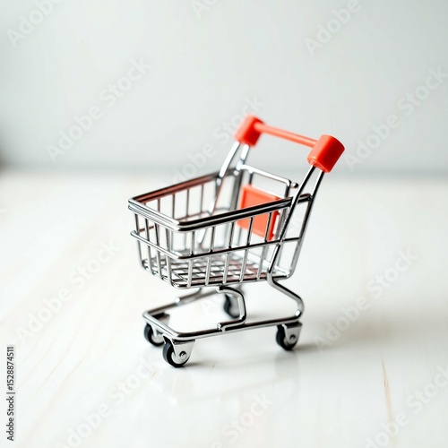 Miniature Shopping Cart with Red Accents on White Background Representing Online Shopping and Retail Concept