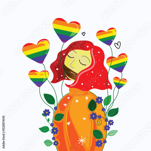 Pride person surrounded by rainbow hearts and flowers