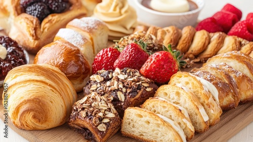 A variety of pastries and fruits arranged on a wooden board with a white background.