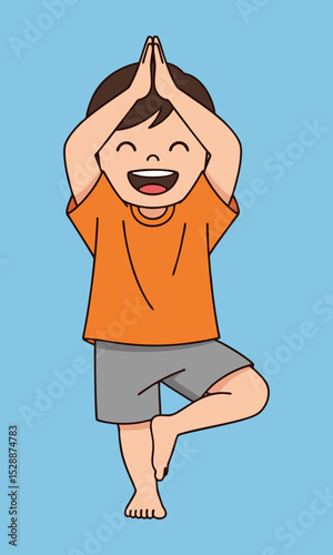 Happy Child Practicing Yoga Tree Pose (Vrikshasana) Cartoon Vector Illustration - International Yoga Day, June 21st, Yoga Day Celebration.
