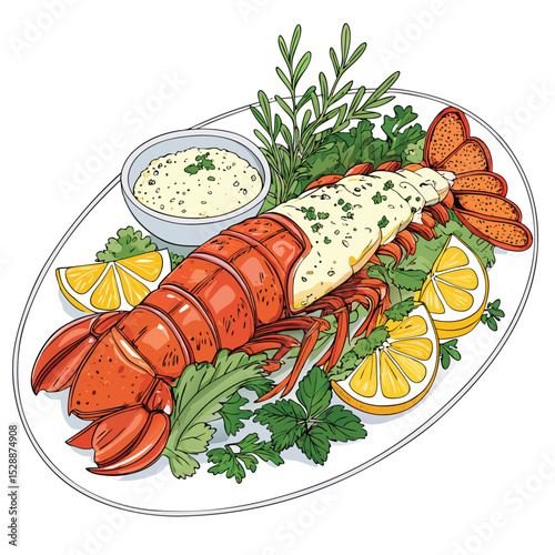 A succulent grilled lobster tail glistening, drizzled with a rich lemon butter glaze, garnished elegantly. (1) indicates a side dish.