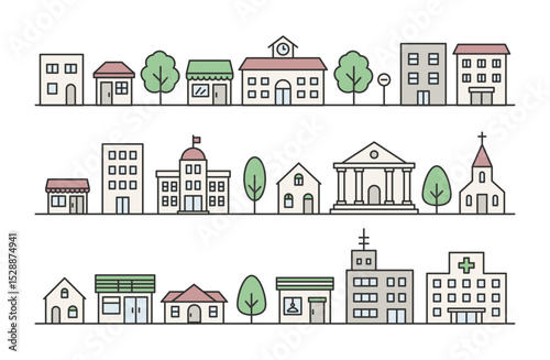 街の建物や施設のシンプルイラスト