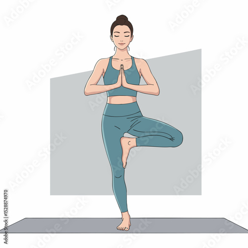 Serene Woman Practicing Tree Pose (Vrikshasana) on Yoga Mat Vector Illustration - International Yoga Day, June 21st, Yoga Day Celebration.