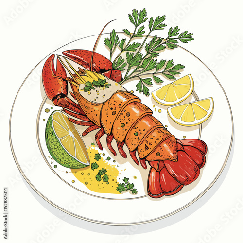 Gourmet image of succulent grilled lobster tail, glistening with a rich lemon butter glaze, garnished delicately.
