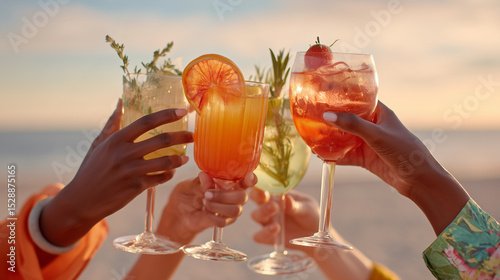Fototapeta Naklejka Na Ścianę i Meble -  Hands toasting with colorful cocktails on beach at sunset. Celebration, tropical vibes, summer vacation, refreshing drinks, friendship, joyful travel moment in warm evening light.