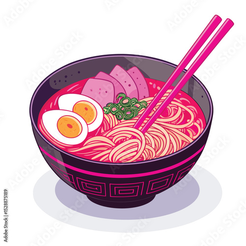 Vibrant neon pink ramen broth in a futuristic bowl, sleek design, detailed texture.  Cyberpunk aesthetic.