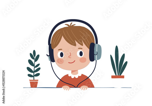 cheerful  boy listens to music with headphones surrounded by plants A playful illustration with a focus on relaxation and enjoyment Perfect for lifestyle and entertainment themes