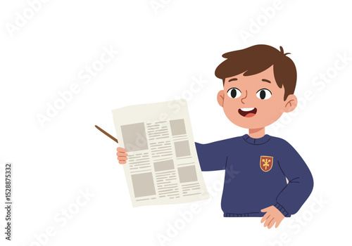 A cheerful young boy proudly displays a newspaper with 'Newspaper Learn' branding, showcasing his enthusiasm for education. Bright, playful illustration.