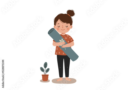 A cheerful young girl holds a yoga mat, radiating joy. Soft pastel colors and a simple illustration style create a calming and positive vibe. Perfect for wellness and lifestyle content.
