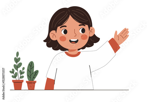 A cheerful young girl in a 'Refugee Solidarity' shirt waves, symbolizing welcome and support. Clean, modern illustration style. Focus on inclusivity and kindness.