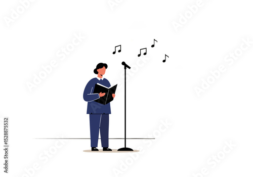professional woman reads sheet music at a microphone surrounded by plants and musical notes Illustrative style promoting unity and harmony Suitable for choir music and collaboration themes