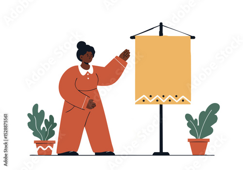stylish woman holds a banner reading 'Juneteenth- Hold Freedom' She stands in a vibrant illustrated setting conveying a message of liberation and remembrance Modern graphic style
