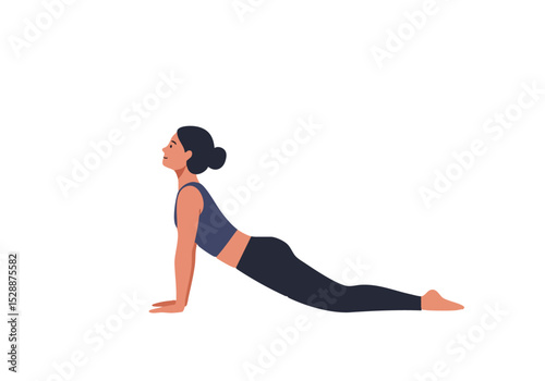 A woman performs Cobra Pose in a minimalist studio setting. Soft colors and a plant create a calming, healthy vibe. Ideal for wellness and fitness content.