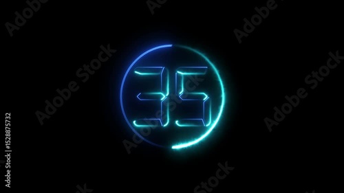 Neon glowing text 35 number countdown icon animation.