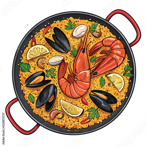 A vibrant, close-up shot of a luxurious seafood paella overflowing with succulent prawns, plump mussels, and saffron-infused rice.
