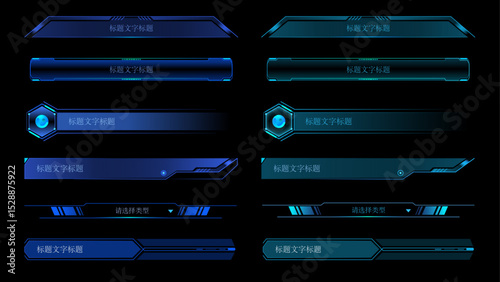 A collection of vector illustrations with technological elements, buttons, borders, dashboards, title boxes