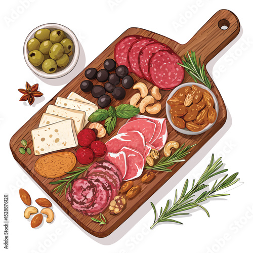 Gourmet charcuterie board overflowing with artisan cured meats, olives, cheeses, and crusty bread.  Elegant presentation for a luxurious feast.