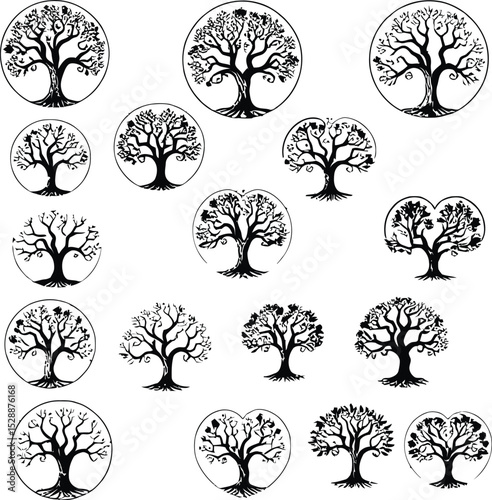 A Collection of Black and White Tree Illustrations, Presented as Symbolistic Logos