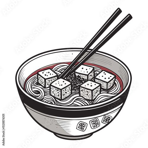 A steaming bowl of ramen broth, featuring perfectly cubed tofu floating like dice.  Rich broth, visible noodles, and fresh garnishes.