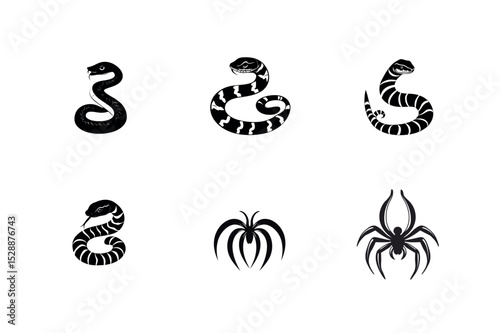 Collection of black snake and spider silhouettes
