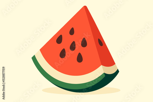 A juicy, red watermelon slice, illustrated in a simplistic, cartoonish style, rests on a pale background.
