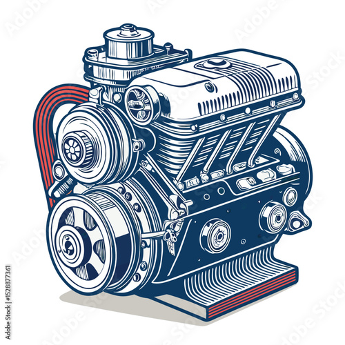 Detailed cutaway illustration of a vintage engine, rendered in retro blueprint style, showcasing internal components with intricate details. Isolated on white background.