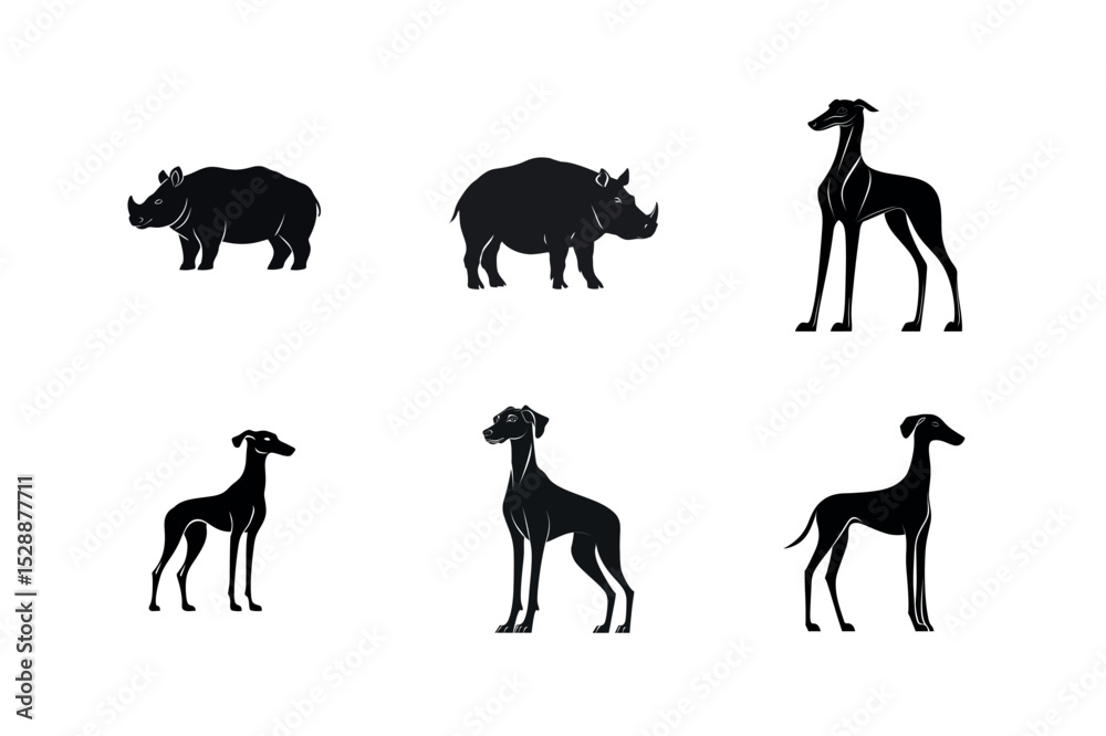 Fototapeta premium Silhouette set of rhino and dog breeds